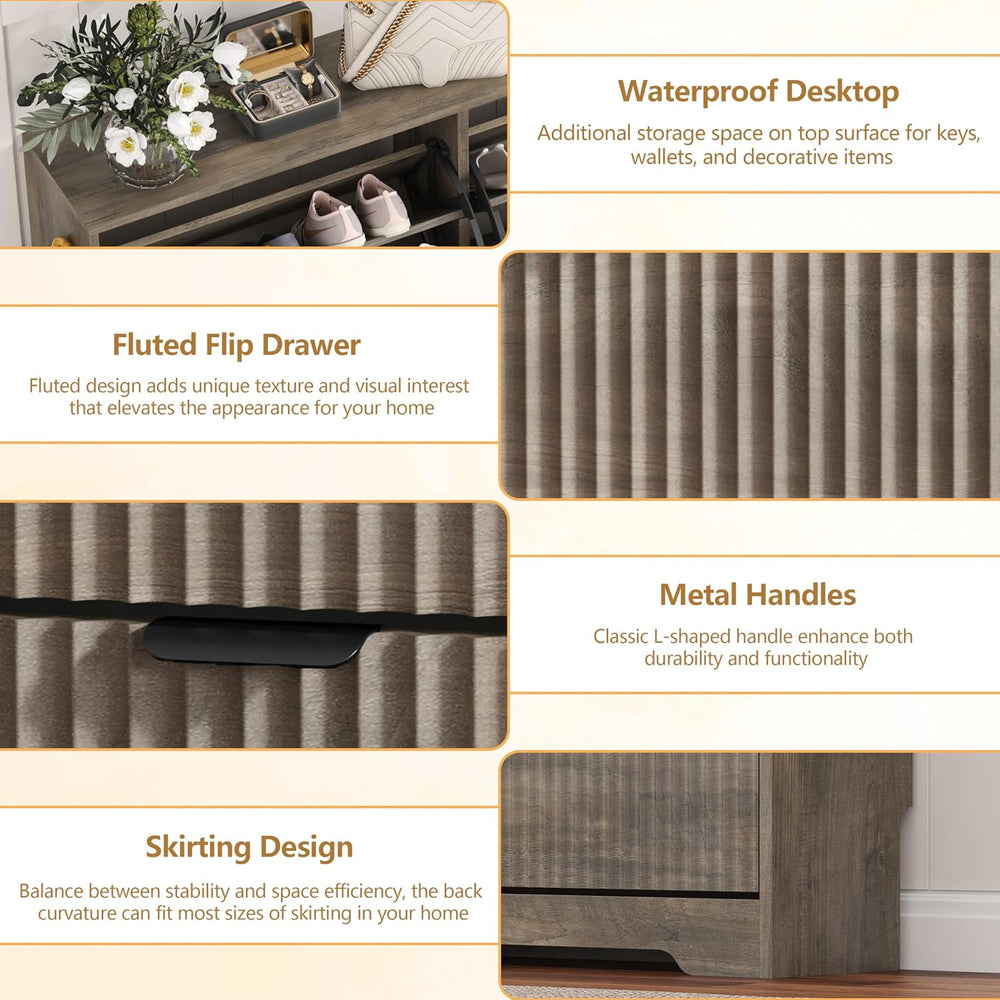HUANLEGO Shoe Cabinet Storage for Entryway with 3 Flip Drawers, Grey Fluted S...