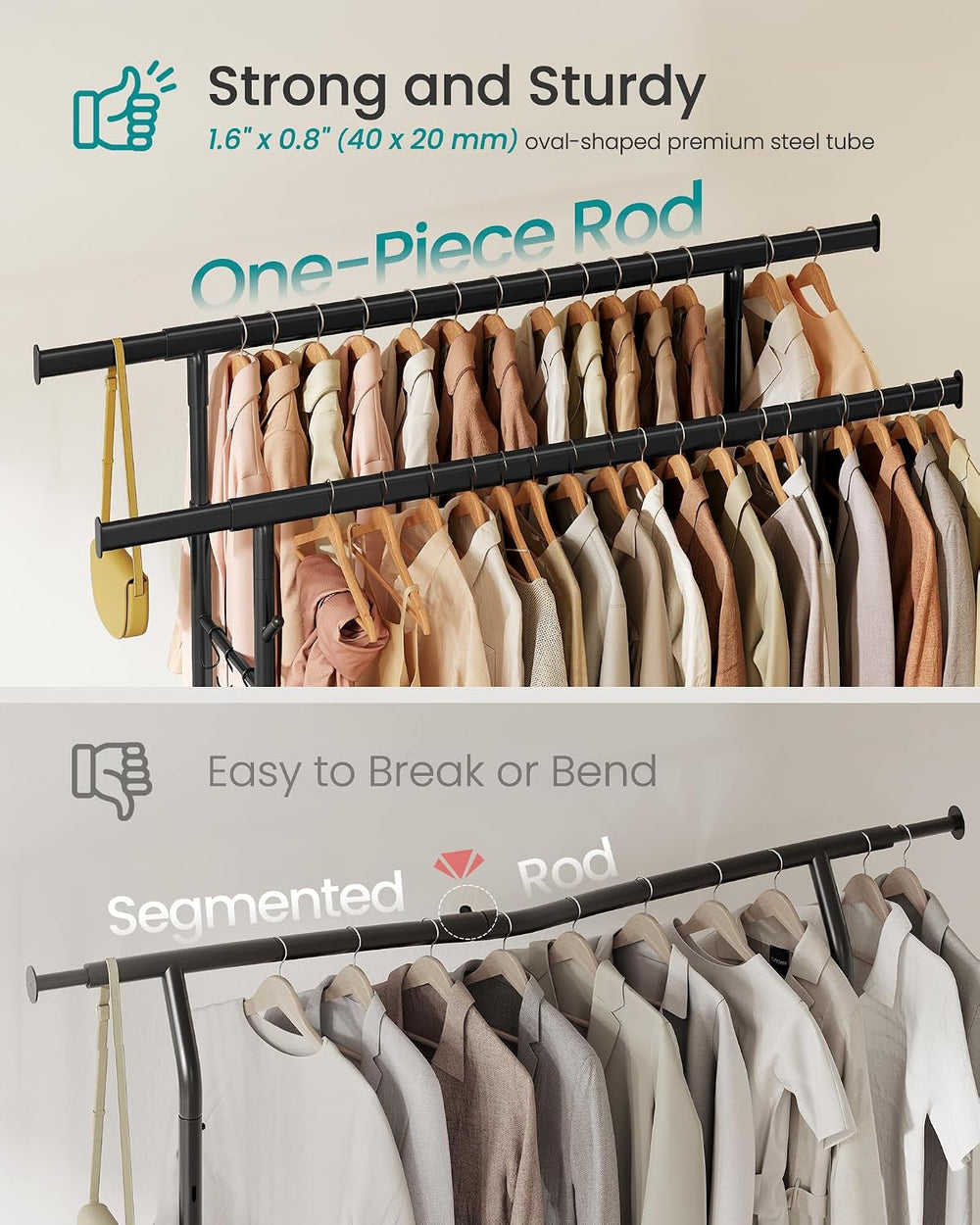 SONGMICS Clothes Rack, Heavy-Duty Rolling Garment Rack with Shelf