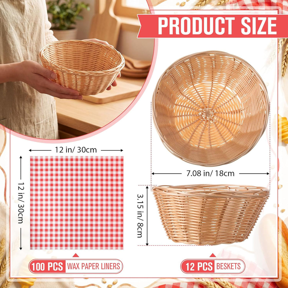 12 Pack Oval Wicker Bread Baskets with 100 Paper Liners, 7.1 x 7.1 x 3.1 in