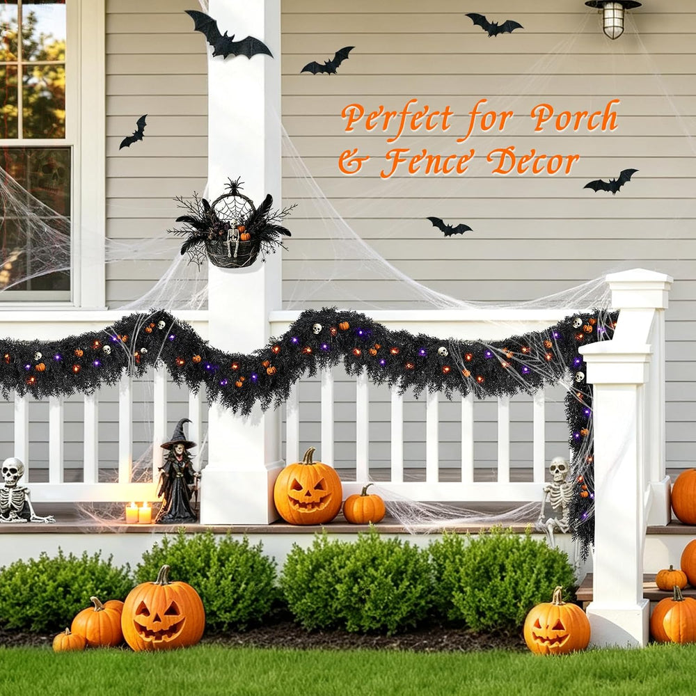 9ft Black Cedar Halloween Garland for Mantle, Soft Touch with Timer Lights