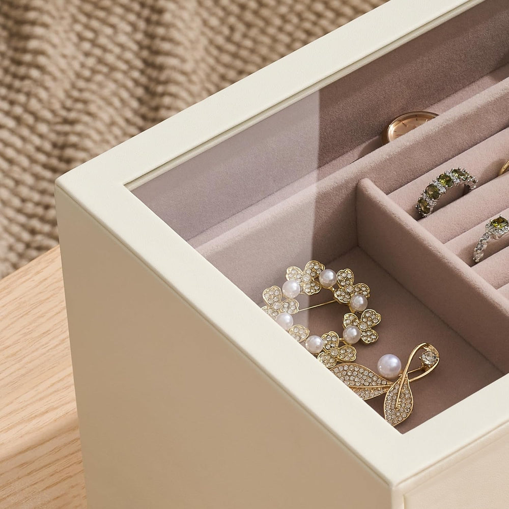 Jewelry Box Organizer Storage Case, 5-Layer with Glass Window, White