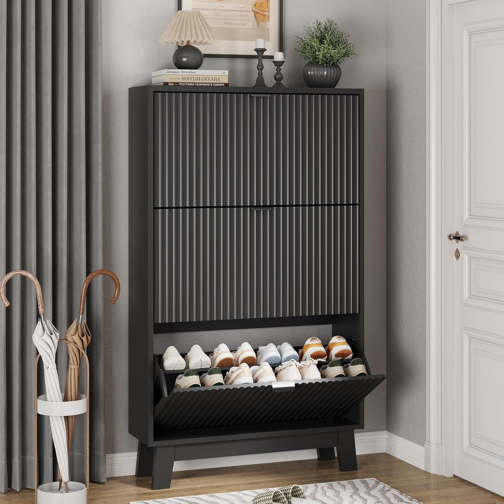 Xixini Shoe Cabinet with 3 Flip Drawers, 54" Tall Narrow Fluted Shoe Sto...