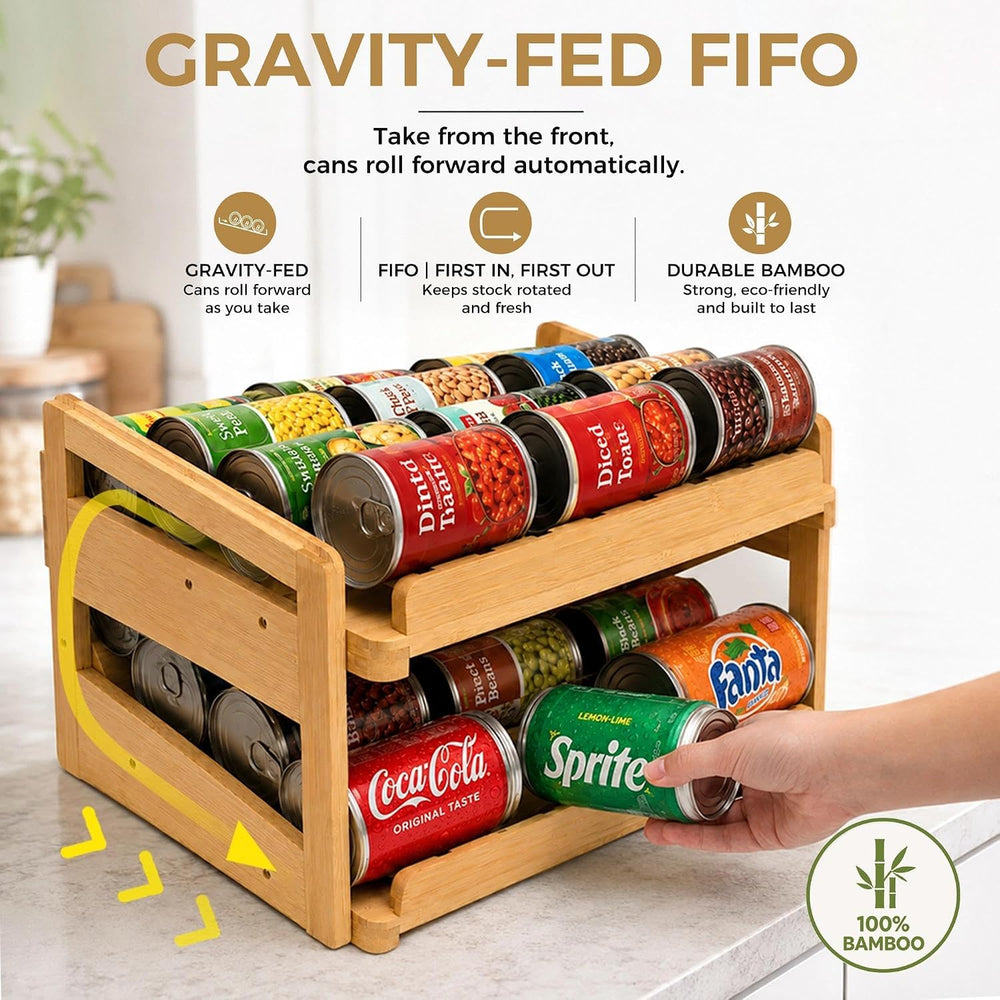 MinBoo Bamboo FIFO Can Organizer for Pantry, 24-Can Gravity Dispenser with Ad...