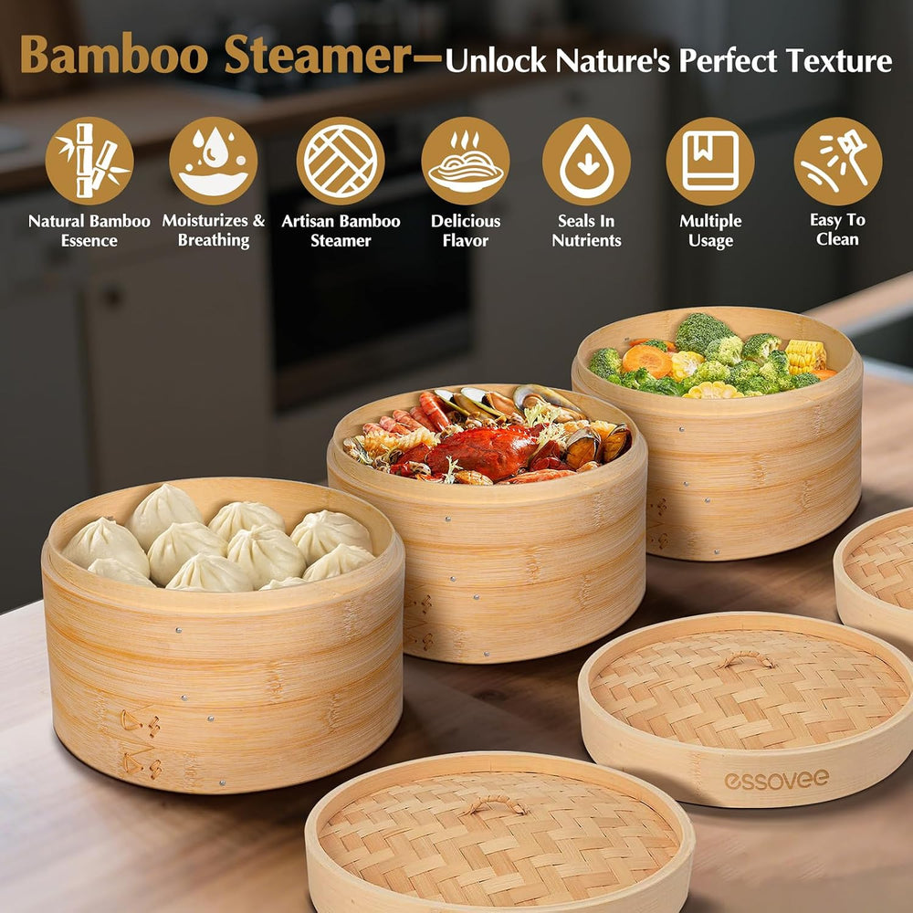 Bamboo Steamer 2 Tier 10-Inch Steaming Basket, Bun Vegetable Steam, Dumpling ...