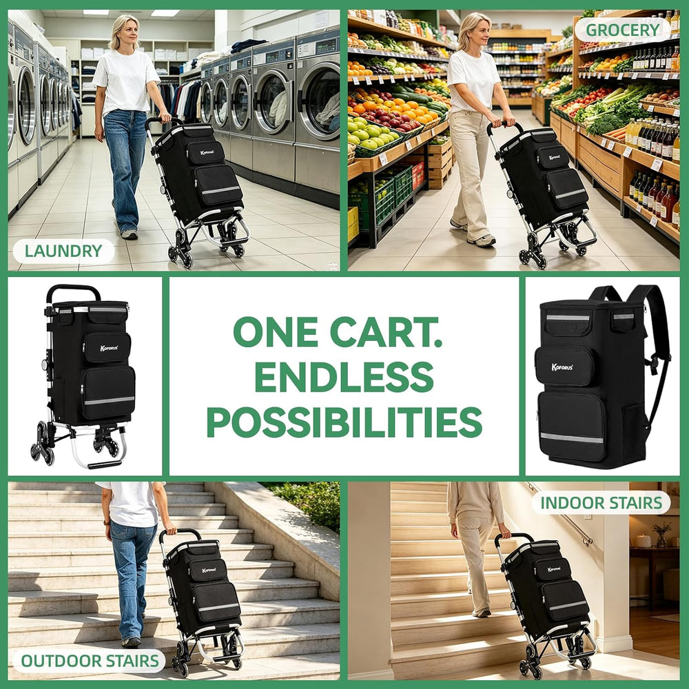 Stair Climbing Shopping Grocery Cart - 55L Total Storage, Black