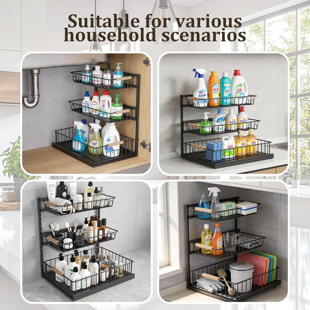 3 Tier Under Sink Organizer, Adjustable Pull Out Metal Storage Drawer
