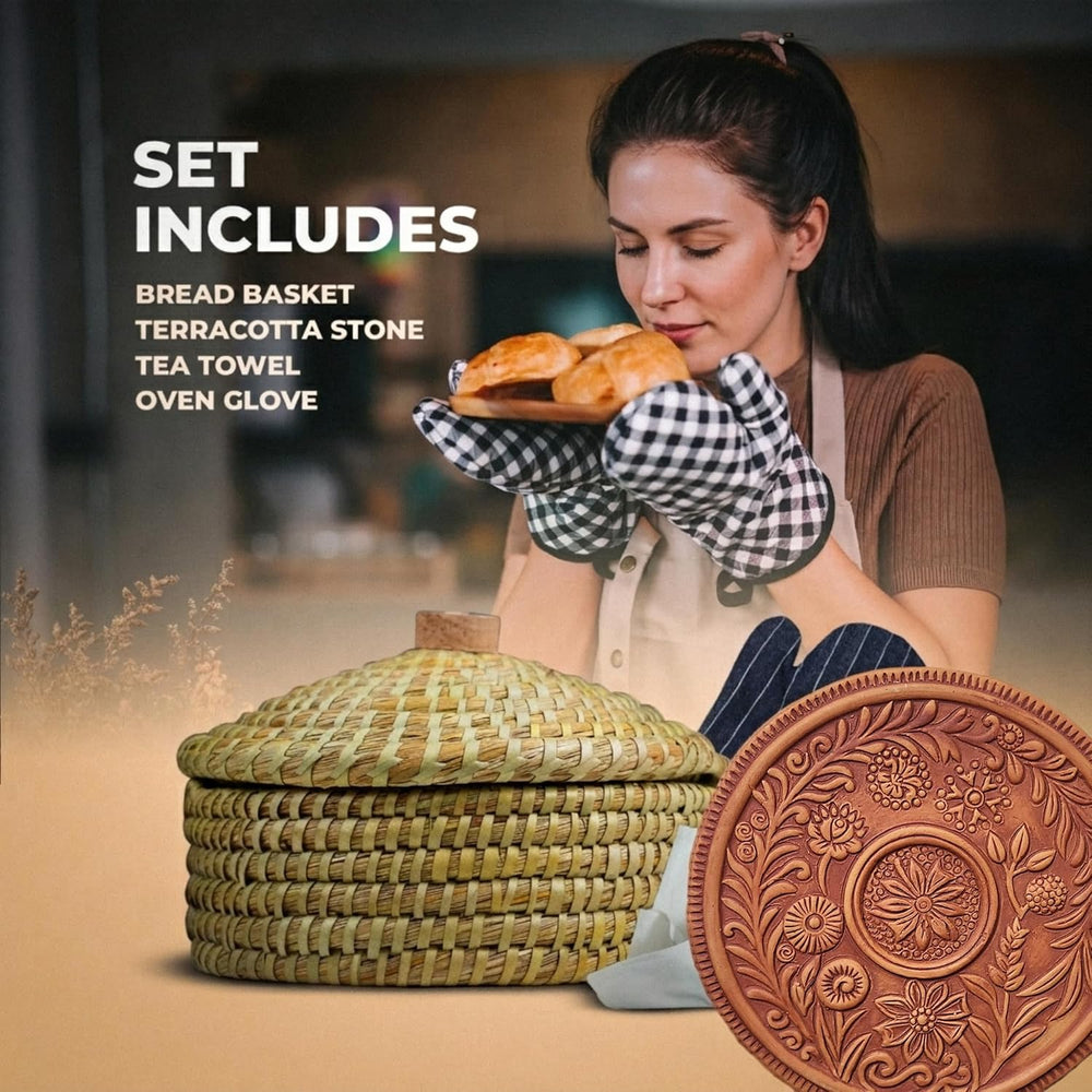 Round Bread Warming Basket with Lid and Terracotta Warmer stone for Serving T...