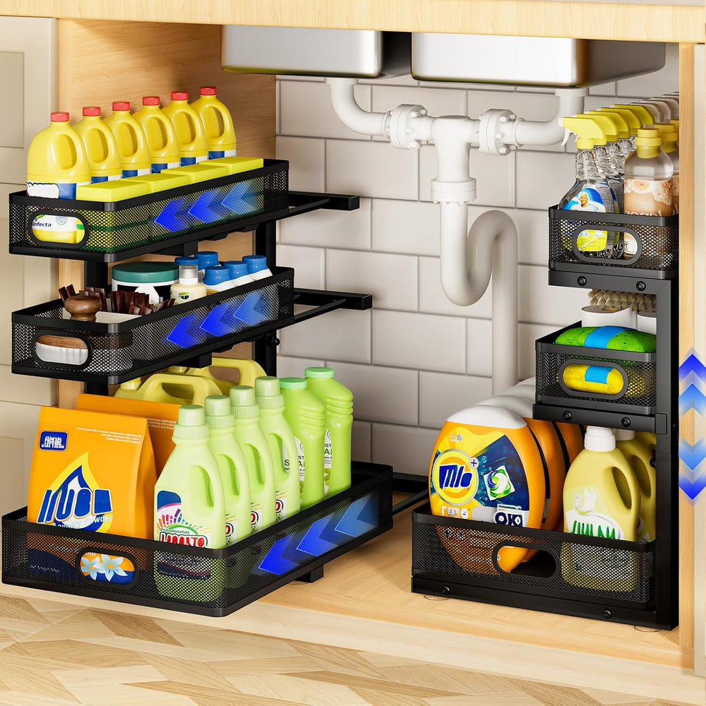 Under Sink Organizer 3 Tier, 2 Pack L-Shaped Pull-Out Cabinet Organizer with ...