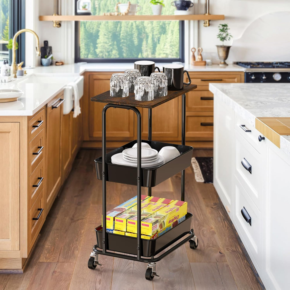 Simple Houseware 2-Tier Utility Cart Wood Top/Lockable Wheel, Rustic Brown