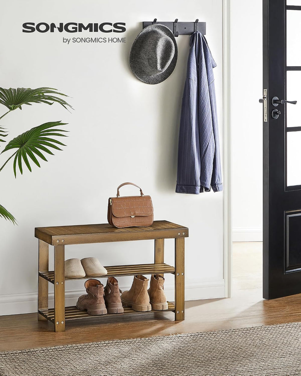 SONGMICS Shoe Rack Bench, 3-Tier Bamboo Entryway Bench, 27.6 Inches Width