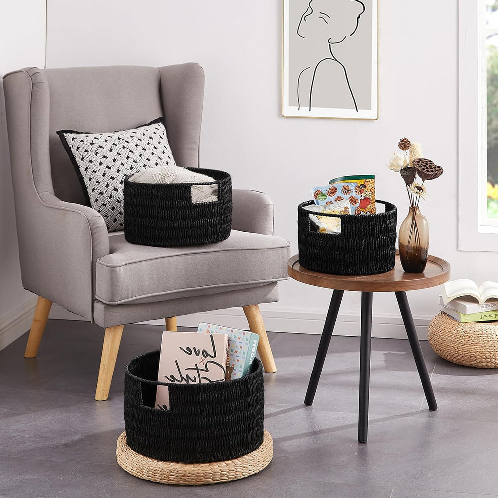 Wicker Storage Basket, Hand-Woven Paper Rope Large Round Woven Basket With Ha...