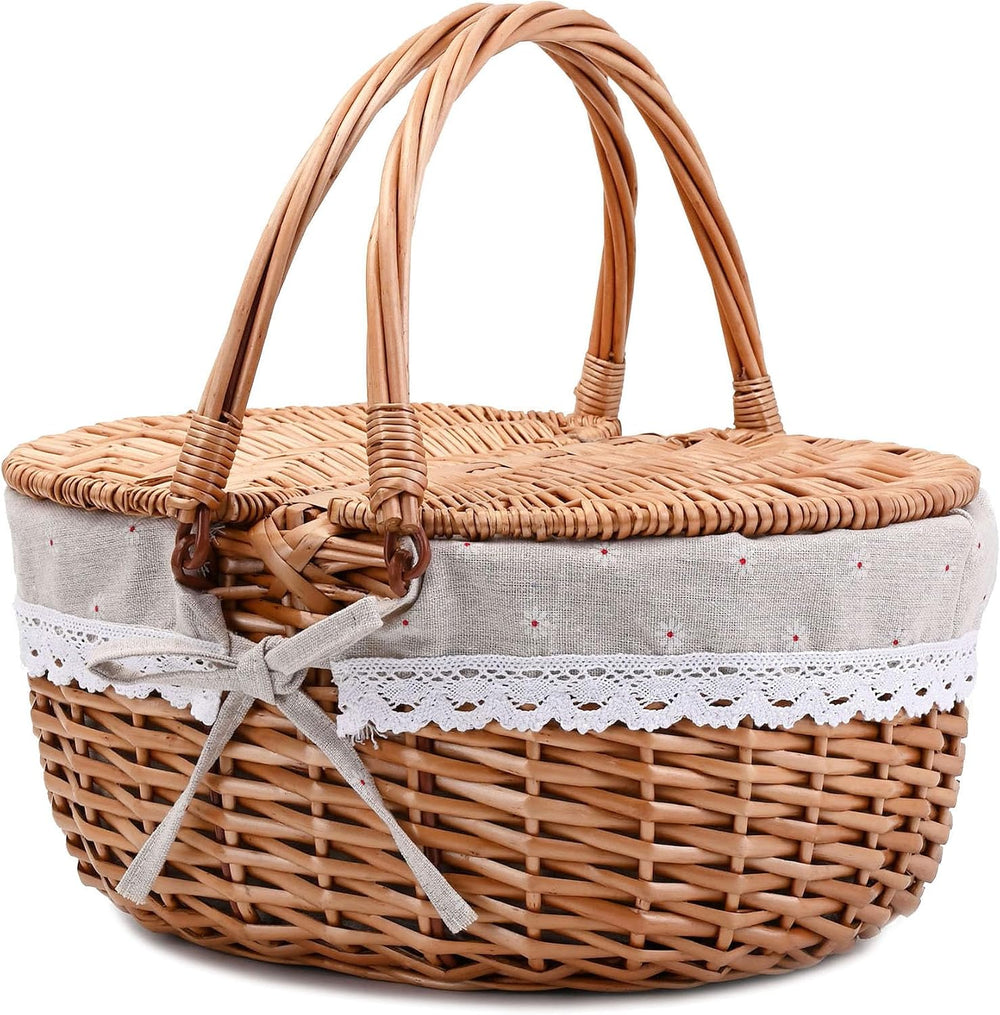 Wicker Picnic Basket with Lid and Handle Sturdy Woven Body with Washable Lini...