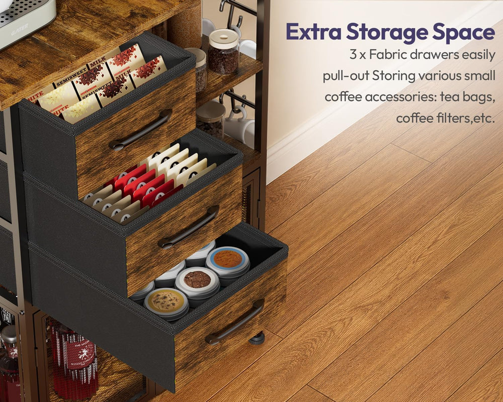 Coffee Bar Cabinet with Drawers - Open Shelves and Mesh Doors