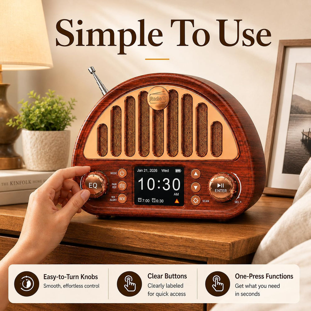 Retro Alarm Clock Radio with Bluetooth, Dual Alarms and NOAA Weather Alert