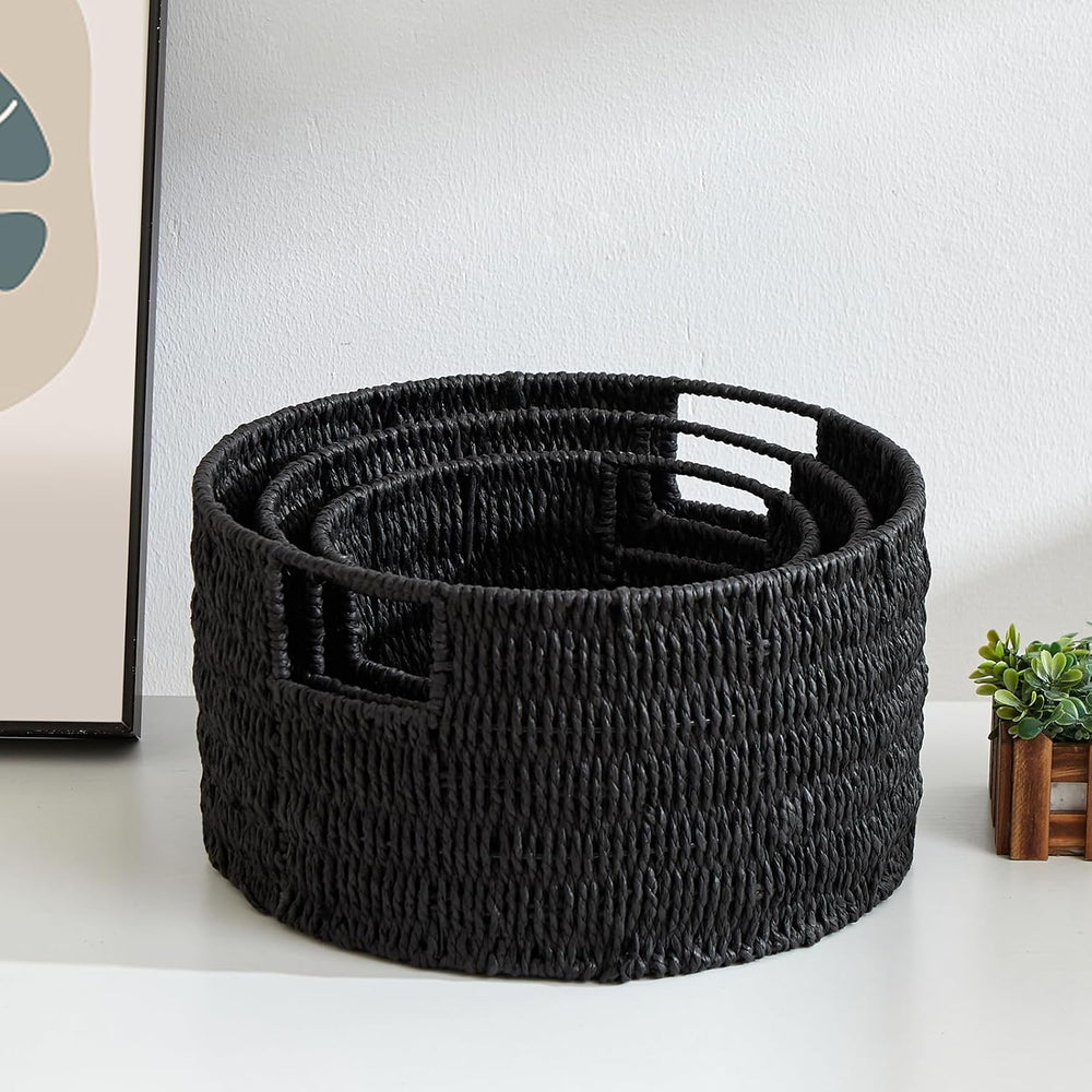 Wicker Storage Basket, Hand-Woven Paper Rope Large Round Woven Basket With Ha...