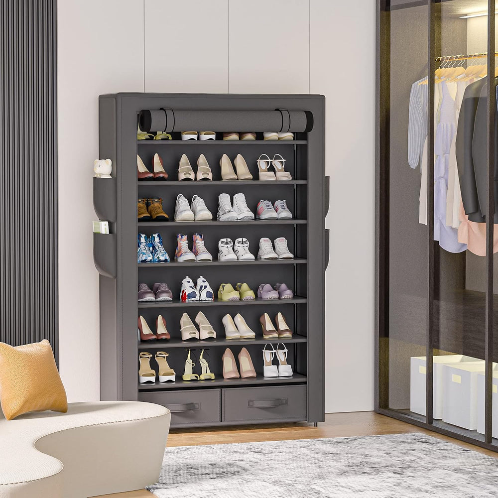 Shoe Rack Dustproof Sturdy 8Tier Tall Large Storage with Side Pocket