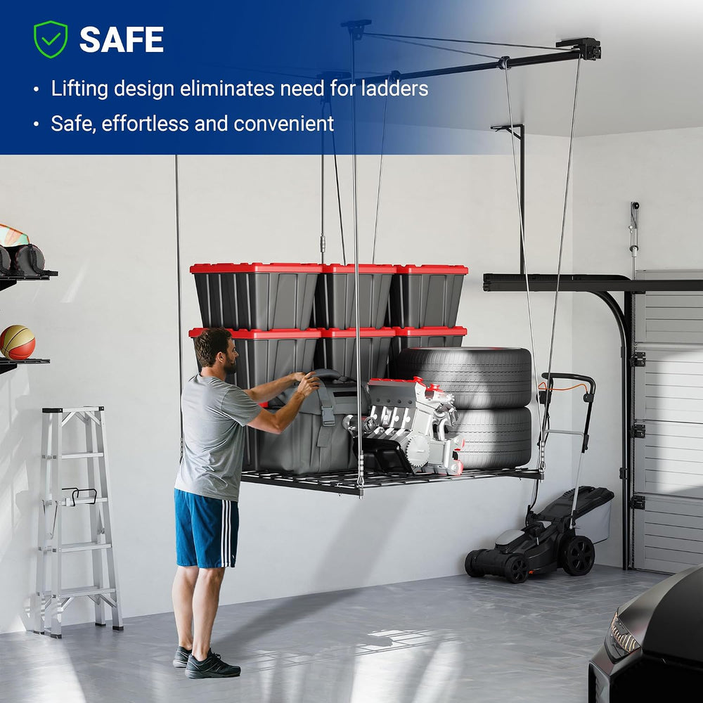 FLEXIMOUNTS Overhead Garage Storage Rack Lift, 4x4 Ft Heavy-Duty Garage Ceili...