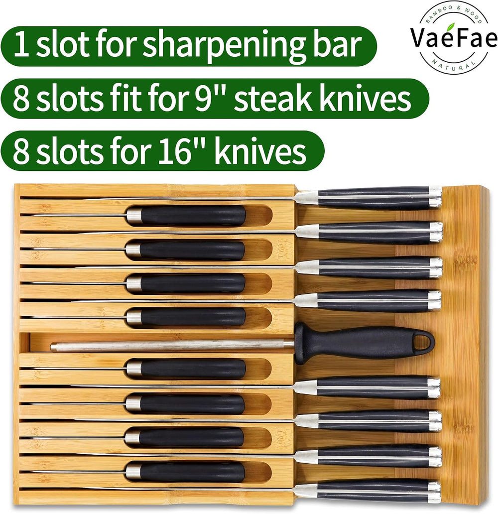 VaeFae In-Drawer Knife Block,Bamboo Knife Drawer Organizer Insert, Kitchen Kn...