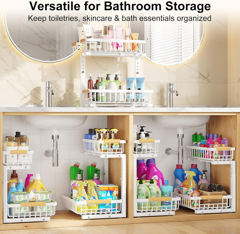 2 Pack Under Sink Organizer, 2-Tier Adjustable Height Slide Out Shelf,White