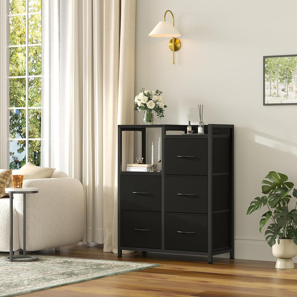 OLIXIS Fabric Dresser, 5 Drawer Storage Tower with Open Shelf, Black