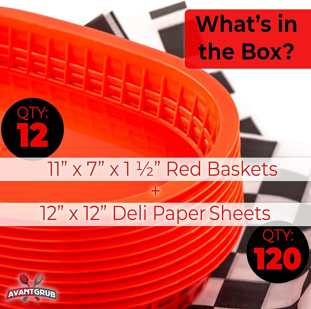 Retro Style Red Fast Food Basket (12Pk) and Black Checkered Deli Liner (120Pk...