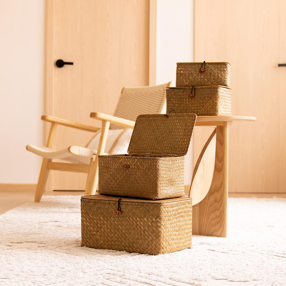 4 Pack, Wicker Baskets with Lids, Natural Seagrass Storage Baskets, Woven Rec...