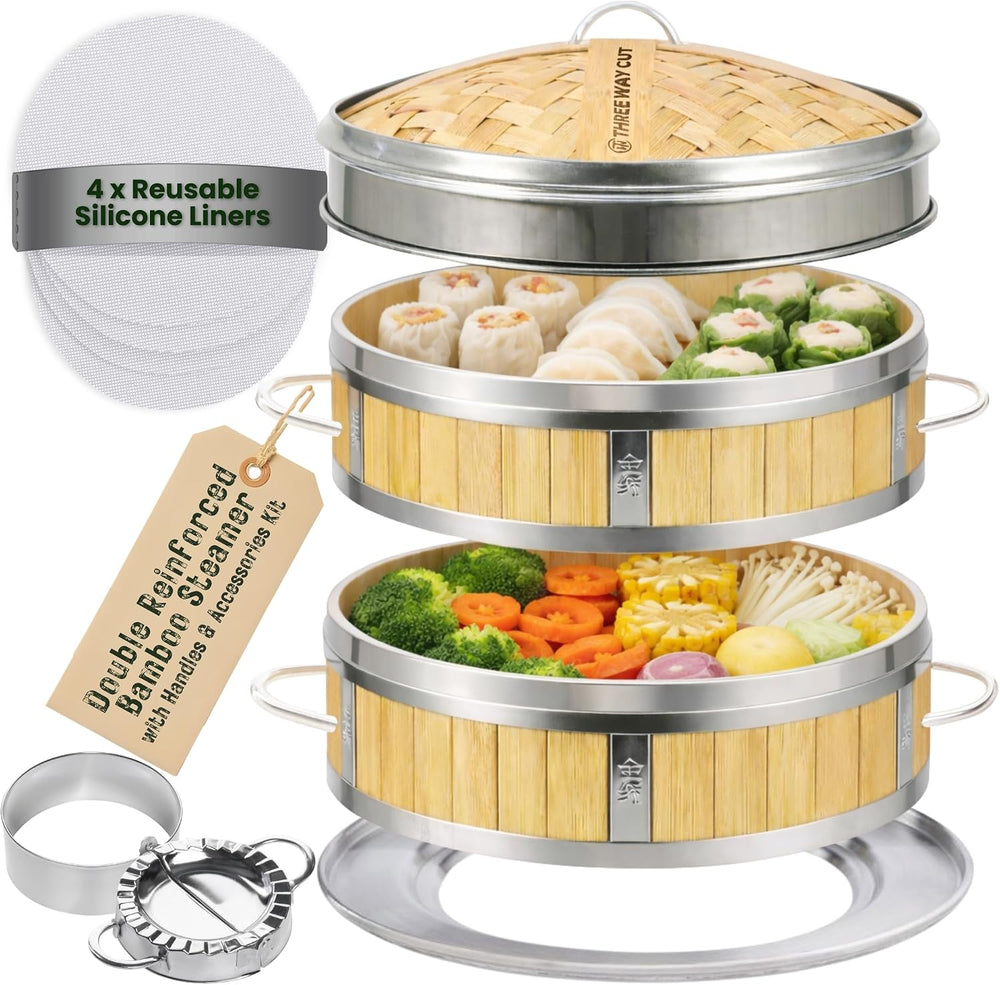 Bamboo Steamer 10" - Heavy-Duty Dumpling Steamer Basket, 2 Tier Bamboo S...