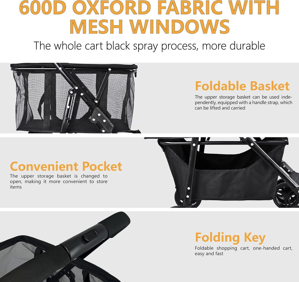 Upgraded Foldable Shopping Cart with Wheels - Heavy Duty Grocery Cart, 80lbs ...