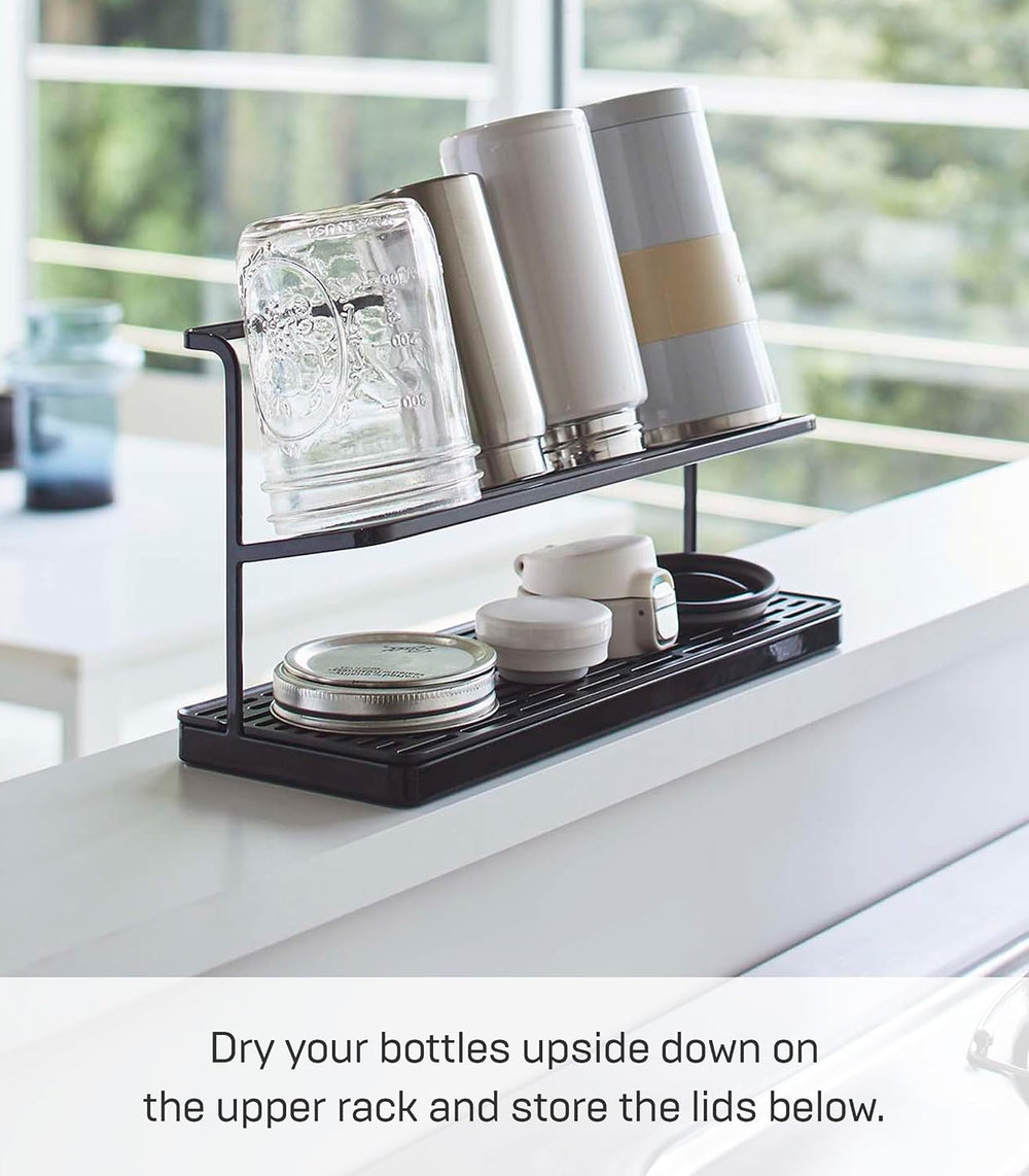 YAMAZAKI Home Two-Tier Bottle Drying Rack with Drainage Tray Stand, Black