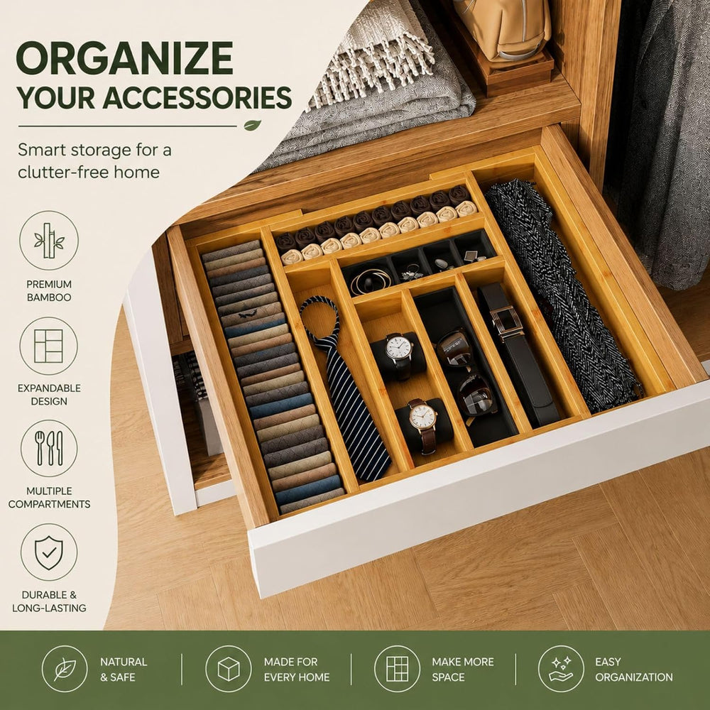 Bamboo Expandable Drawer Organizer for Utensils Holder, Adjustable Cutlery Tr...