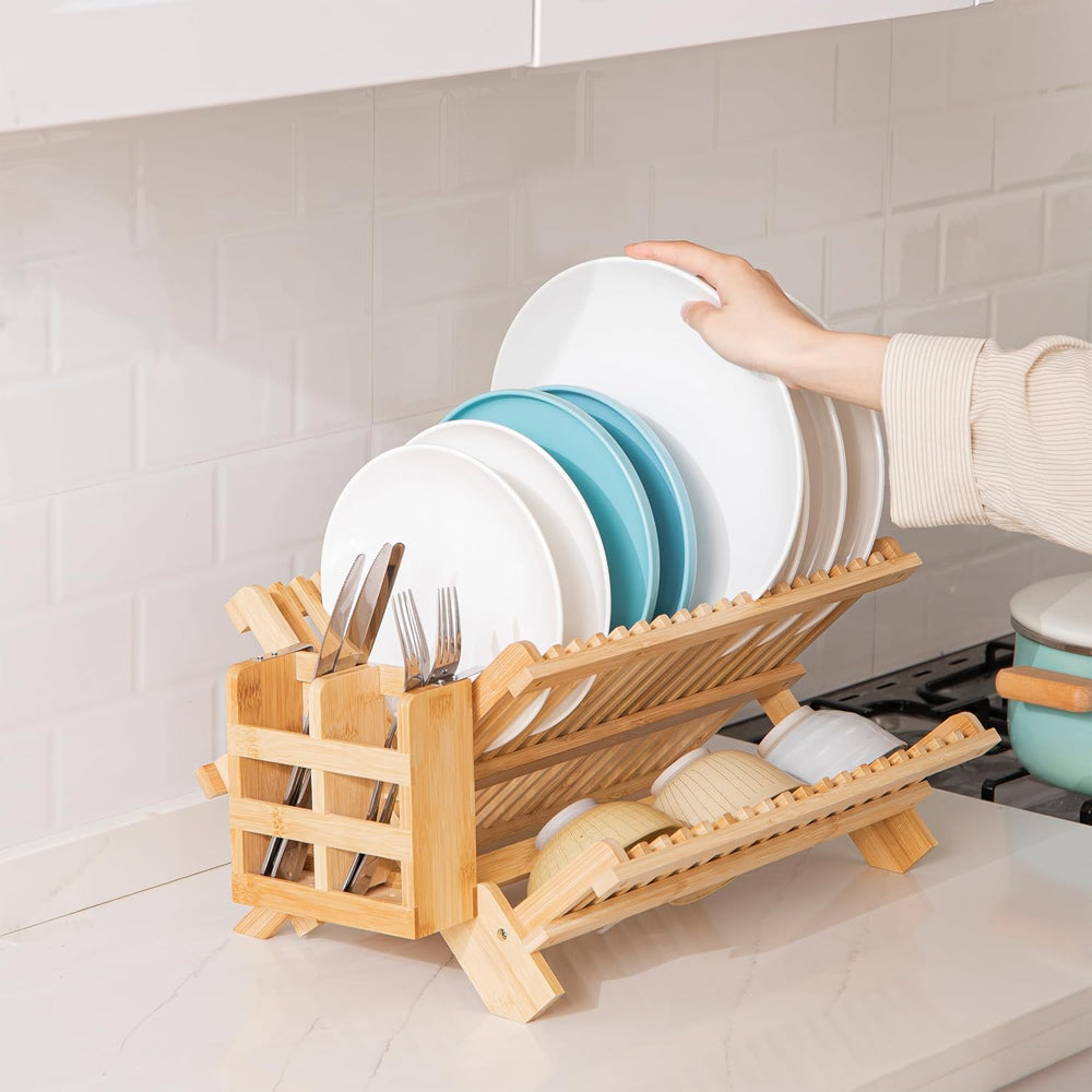 HBlife Bamboo Dish Drying Rack with Utensils Flatware Holder Set, 3-Tier Larg...