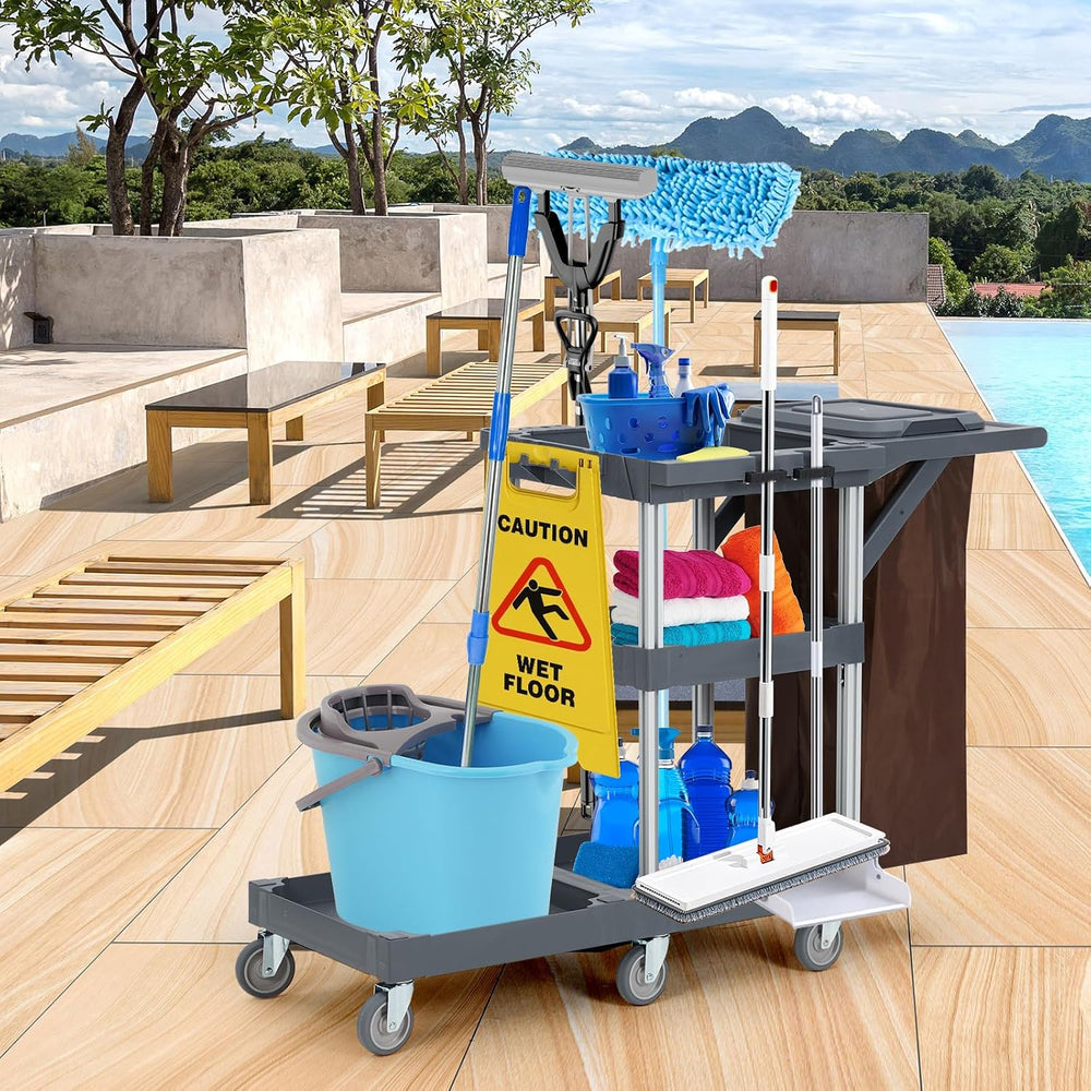 Commercial Janitorial Cleaning Cart on Wheels - Black Housekeeping Caddy with...