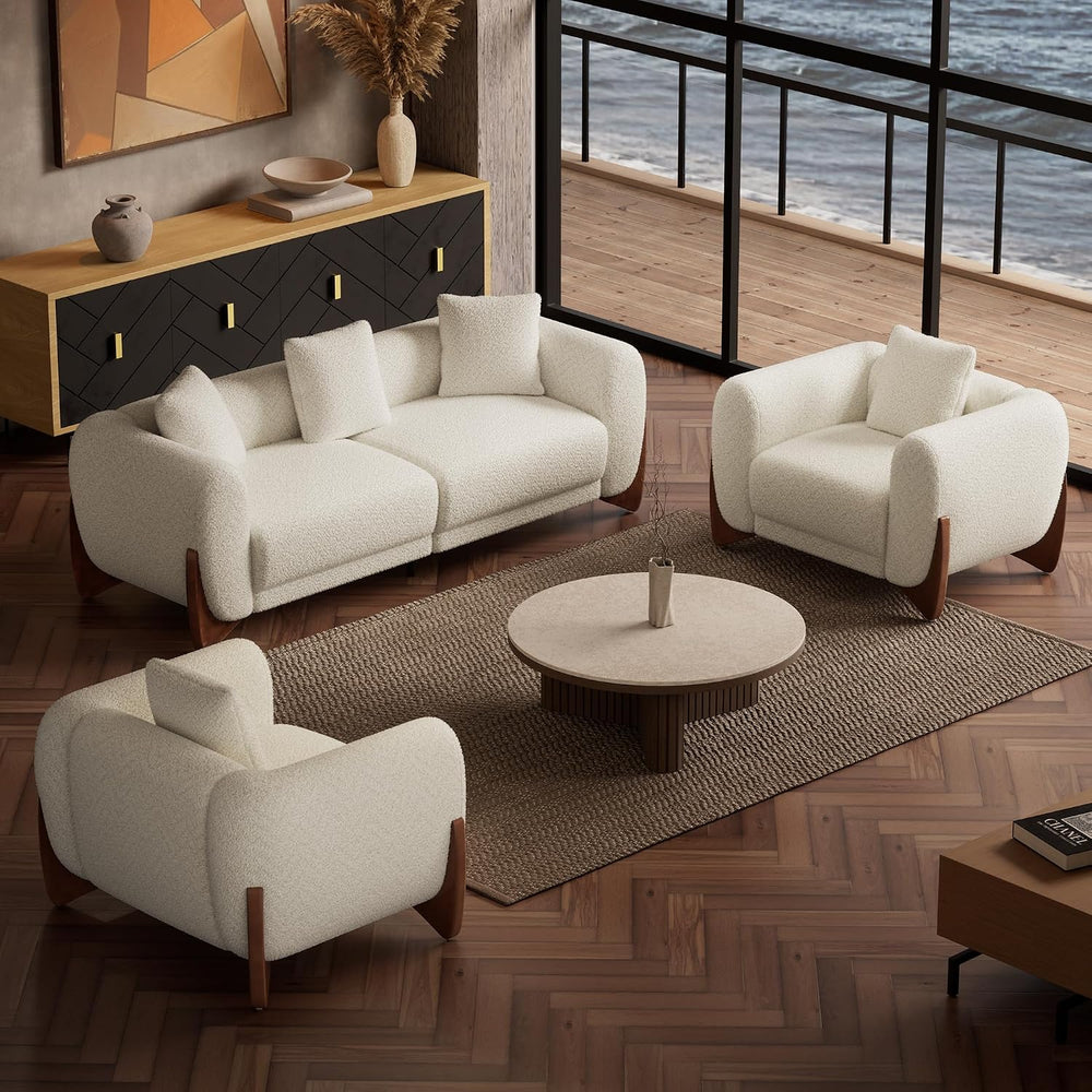 Morden Fort 3 Piece Boucle Sofa Set, 2 Armchairs & 3-Seater Couch,White