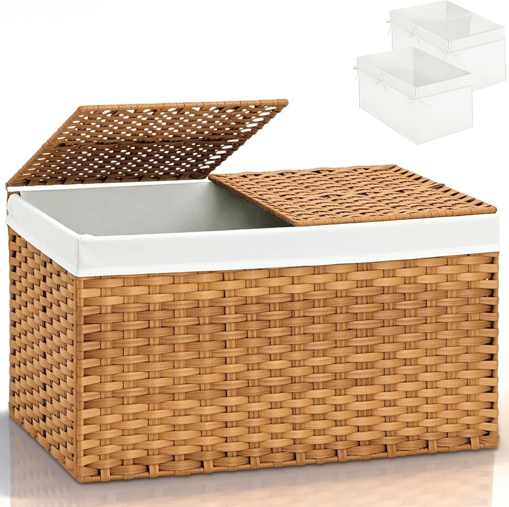 Storage Basket with Lid: Rattan Woven Storage Basket with 2 Separate Lids, 17...