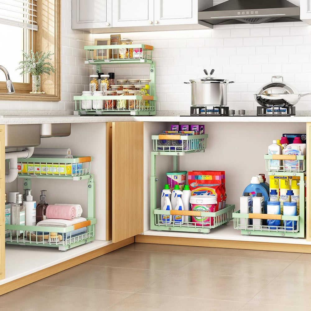 PXRACK Under Sink Organizer, Adjustable Height, 2 Tier Pull Out Under Cabinet...