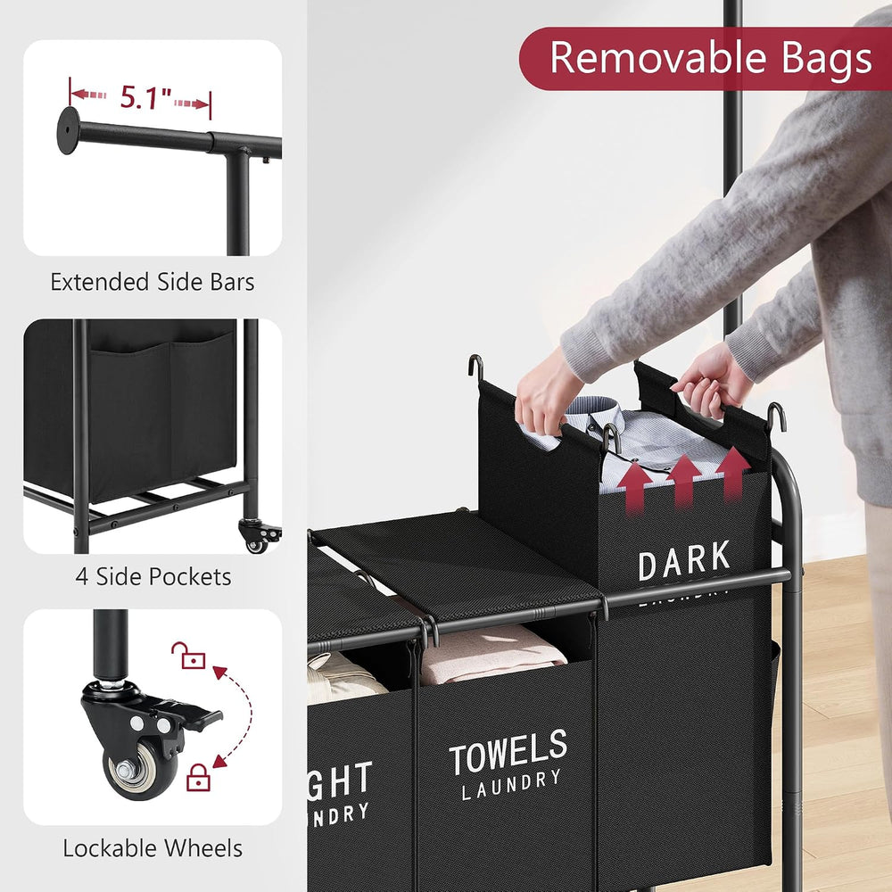 Tajsoon Laundry Sorter with Hanging Bar, Laundry Hamper with Lid, Black