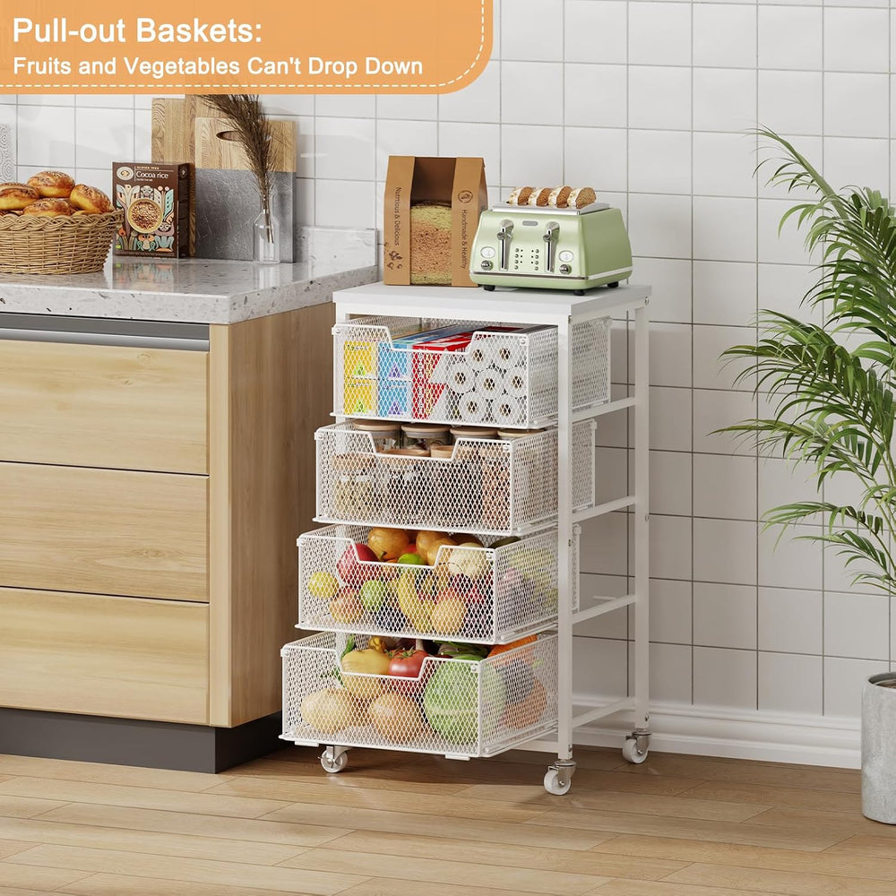 4-Tier Kitchen Storage Cart - Fruit Vegetable Storage Cart with Drawers, Wood...