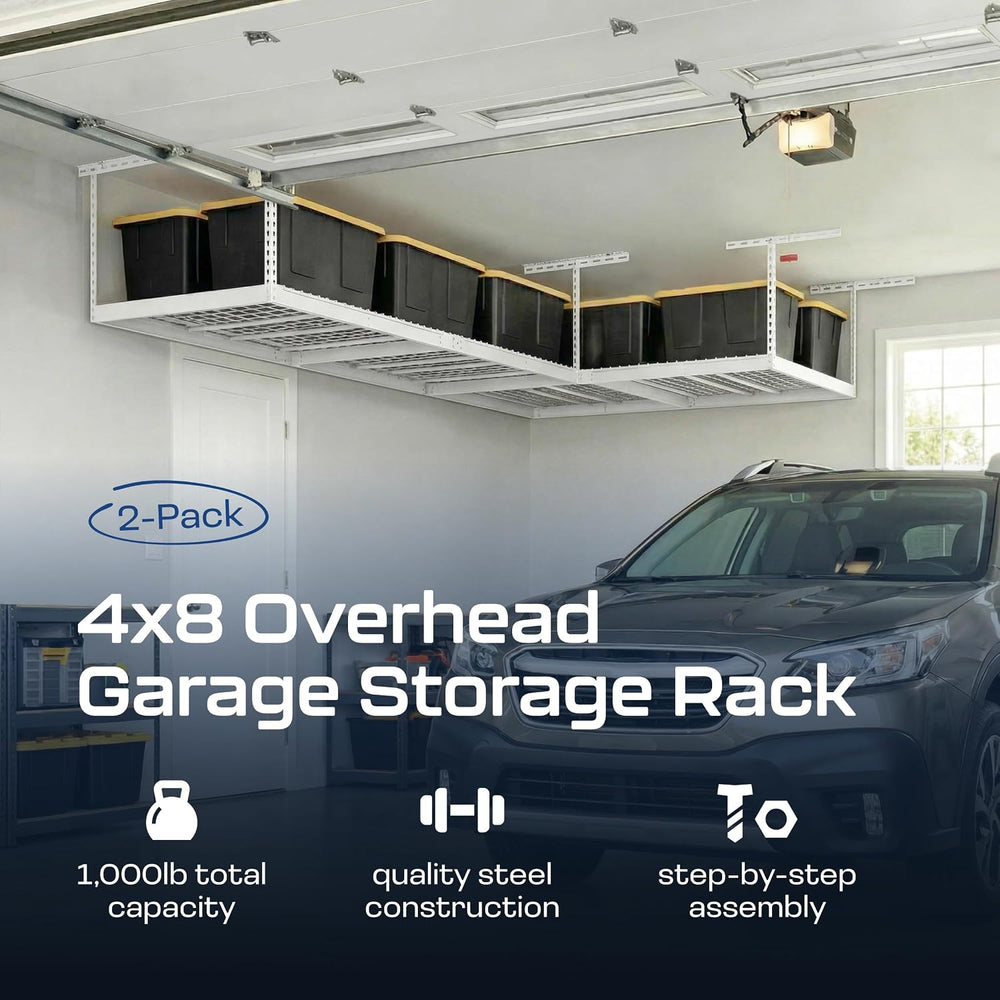 MonsterRax 2-Pack 4x8 Overhead Garage Storage Rack, White, 24"-45" ...