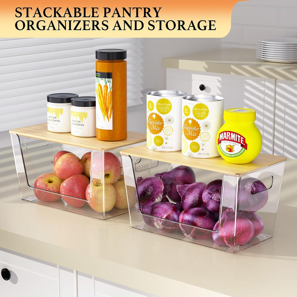 6 Pack Clear Stackable Storage Bins with Bamboo Lids, Trash Bag Holder Dispen...