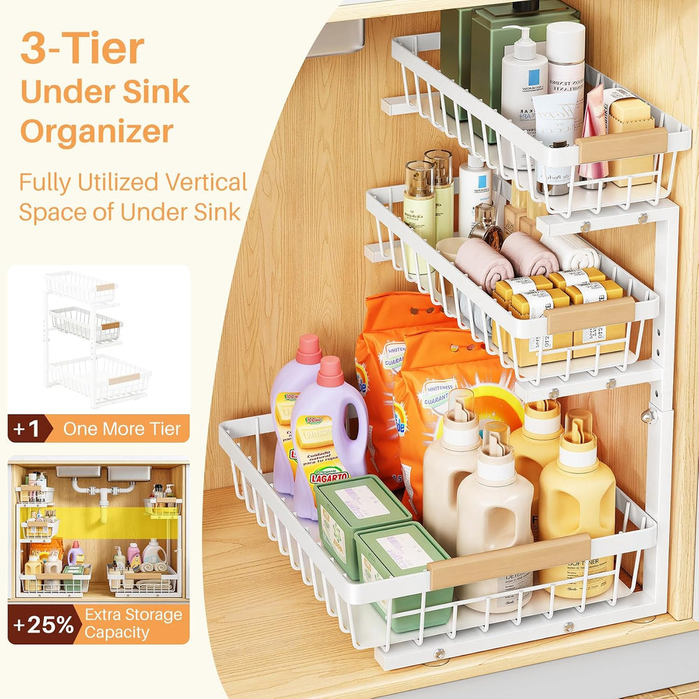 PXRACK Under Sink Organizer, 2-Pack 3-Tier Height Adjustable Thickened Metal ...