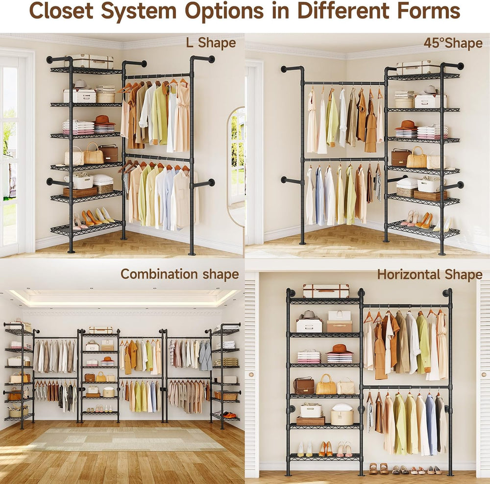 H2 Wall Mounted Clothing Rack, Expandable Industrial Pipe Clothes Rack Garmen...
