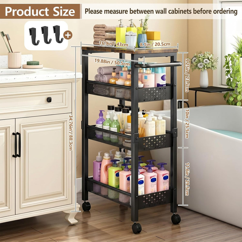 Slim Storage Cart with Wheels, 4 Tier Narrow Organizer, Metal Frame