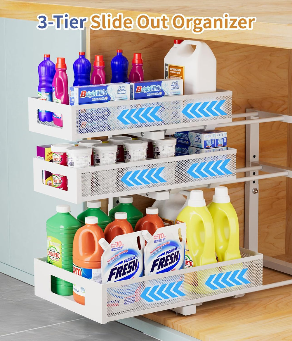 Under Sink Organizer, Pull Out Under Kitchen Sink Organizers, 2 Pack 3 Tier