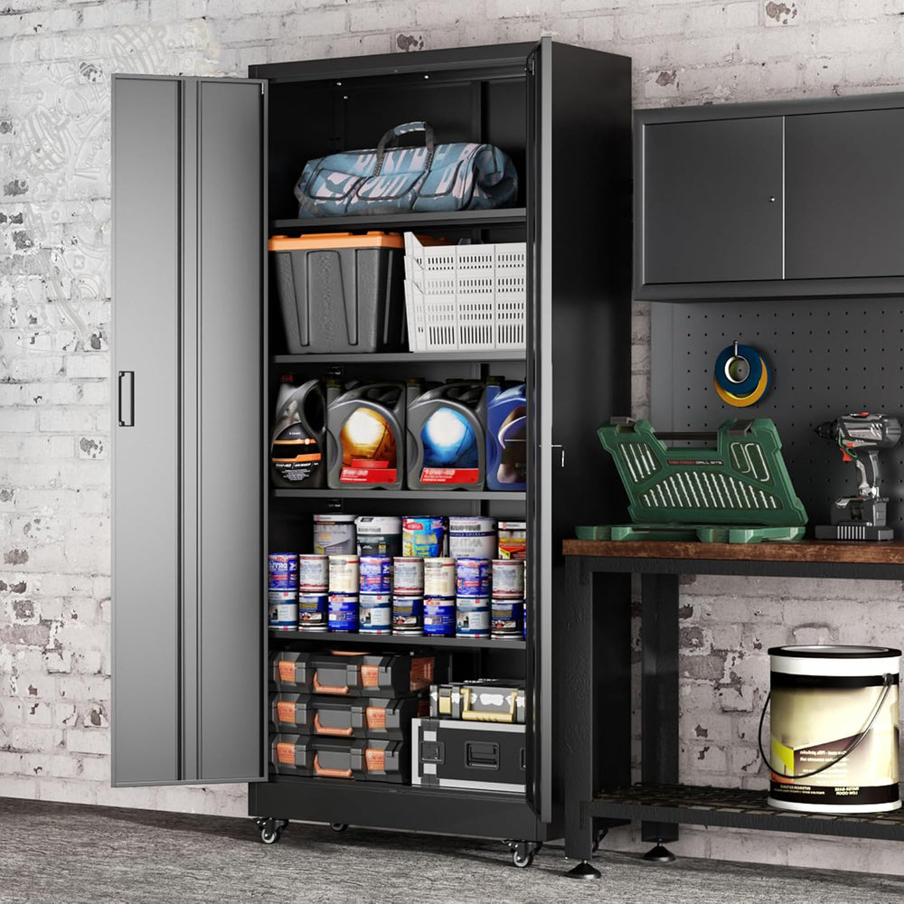 73" Rolling Storage Cabinet,Black Metal Garage Cabinet with Locking Door...