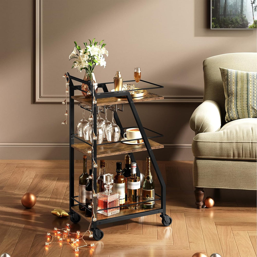 YATINEY Bar Cart, 3-Tier Home Bar Serving Cart with Wheels, Drink Cart with G...