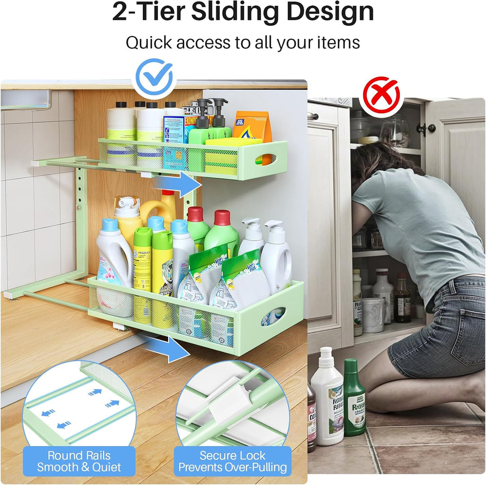 Under Sink Organizer, 2 Tier Pull Out Under Cabinet Organizer Shelf with Pad ...