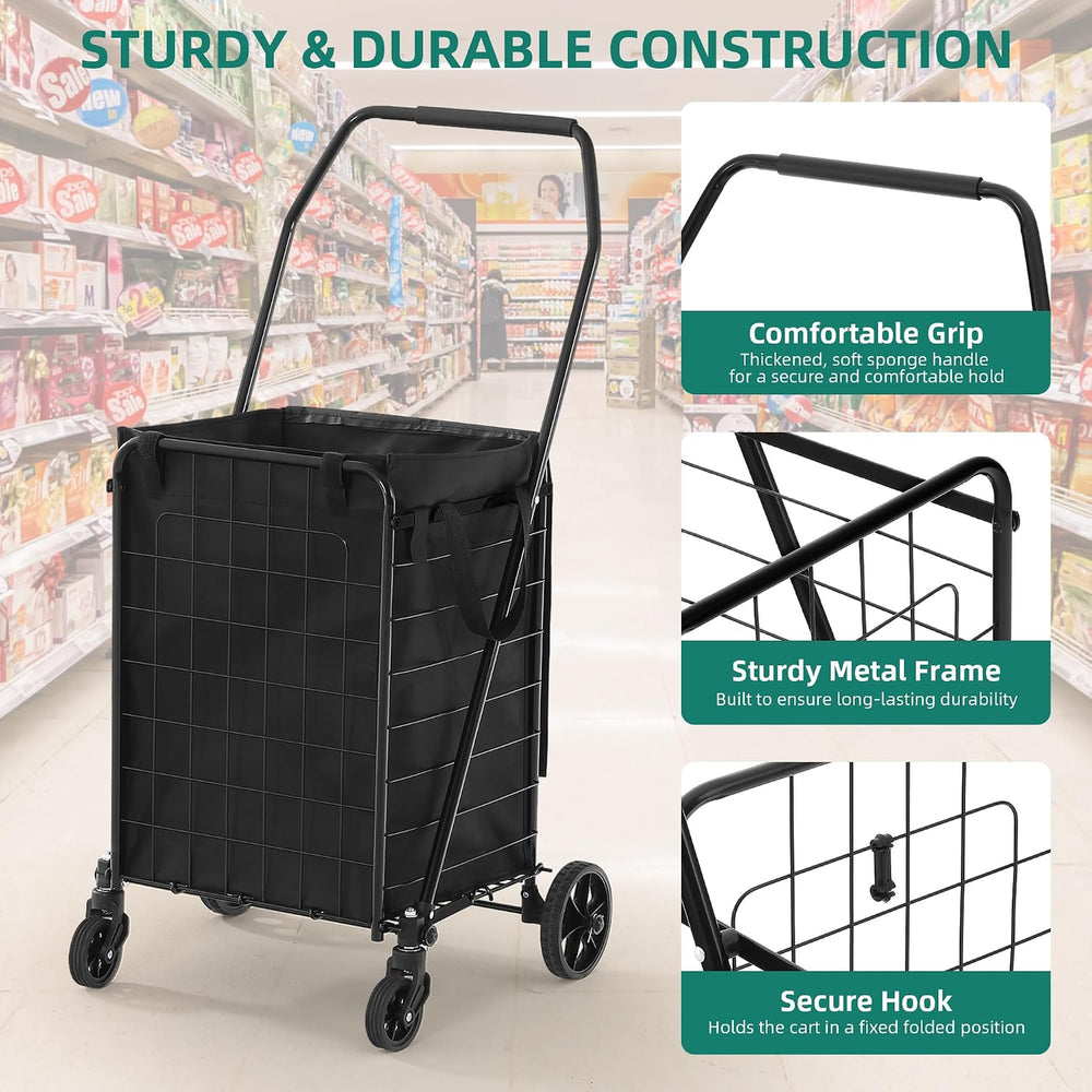 YITAHOME Folding Shopping Cart with Liner, Foldable Grocery Cart