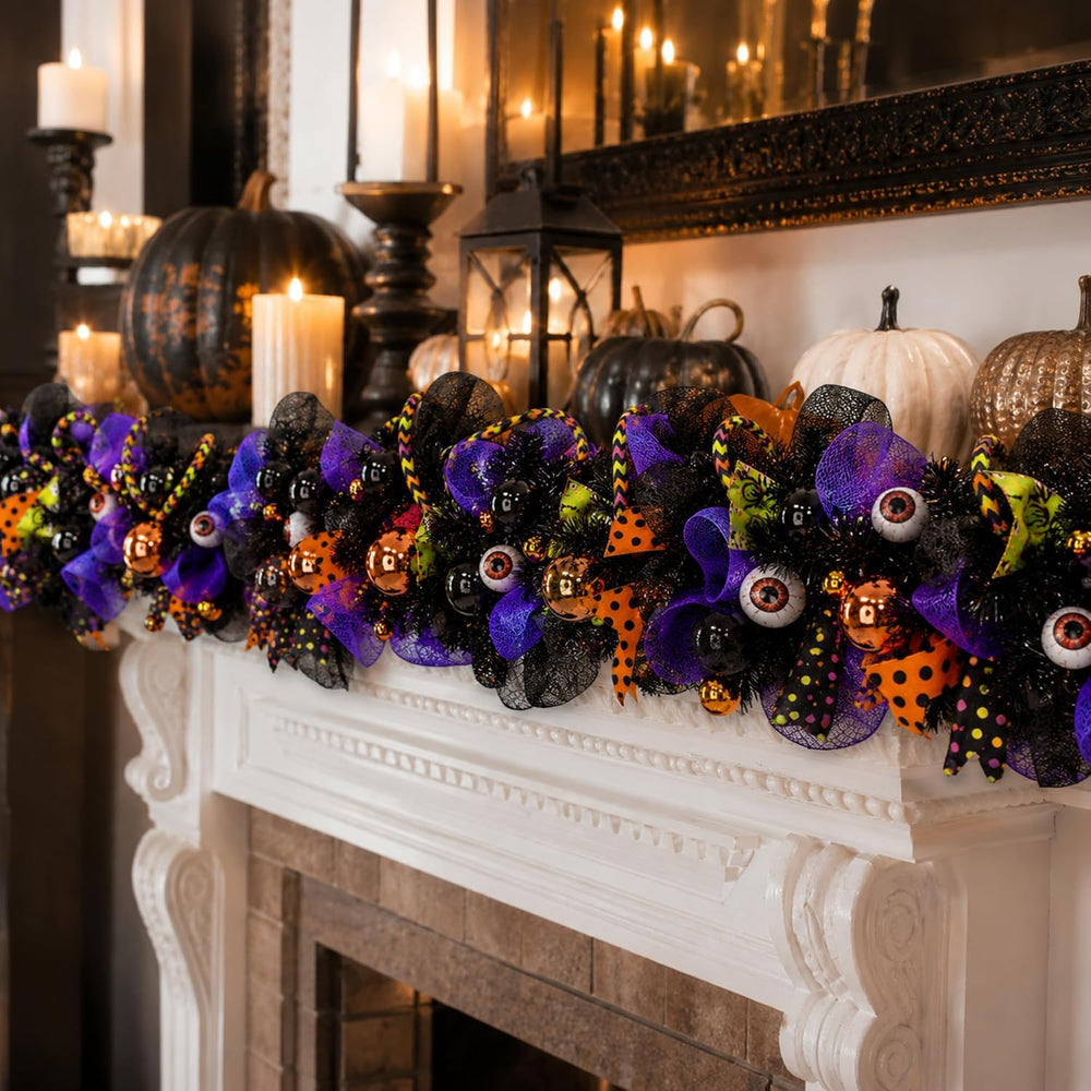 WinnerWhy Halloween Garland for Mantle with Mixed Ball Mesh Ribbon 6ft