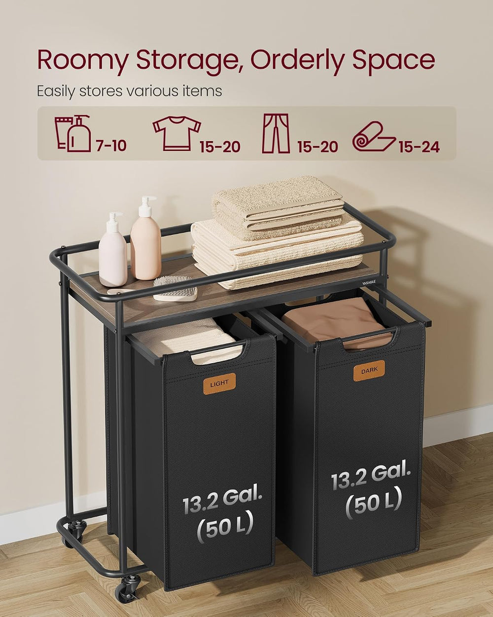 VASAGLE Laundry Sorter with Wheels, Portable Rolling Cart, 26.4 Gal.(100 L)