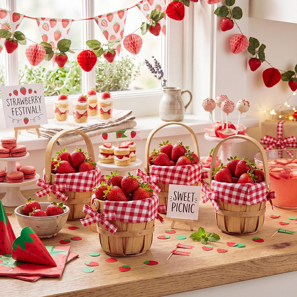 6 Pcs Mini Picnic Basket with Handle, Red White 4.7 X3.9in